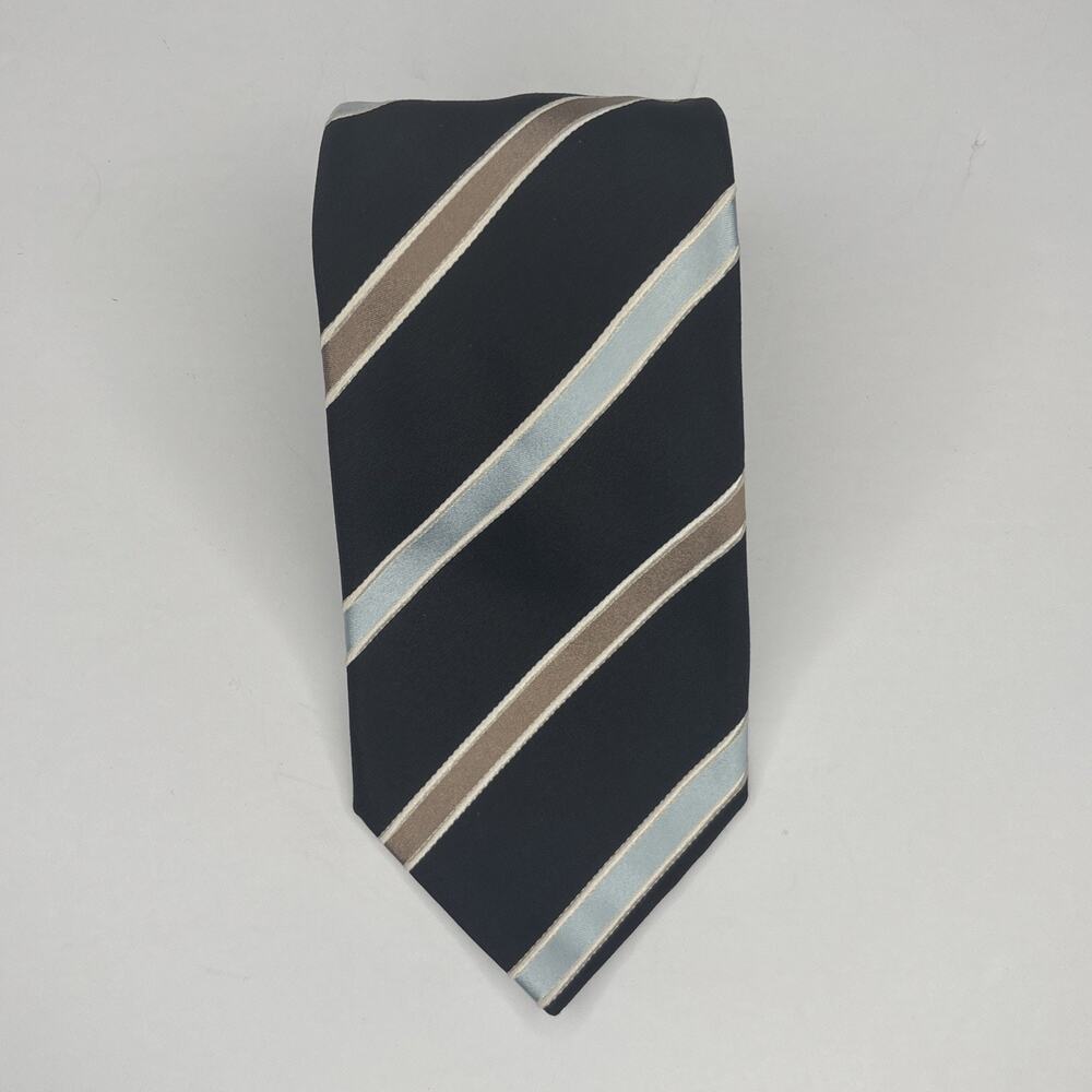 STEFANO RICCI Silk Tie Black Blue Brown Geometric Striped Made in Italy 60”